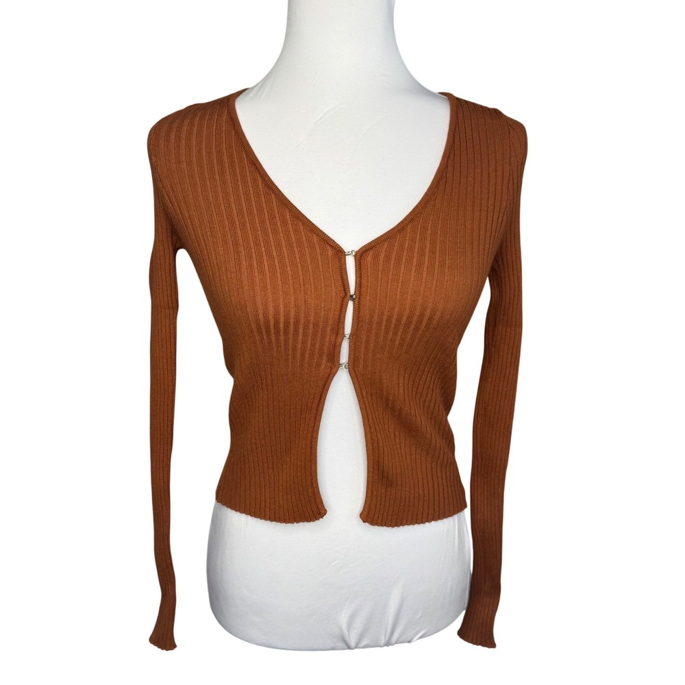 Superdown Y2K Long Sleeve‎ Crop Top Rust Ribbed Hook & Eye Cardigan Sweater S
